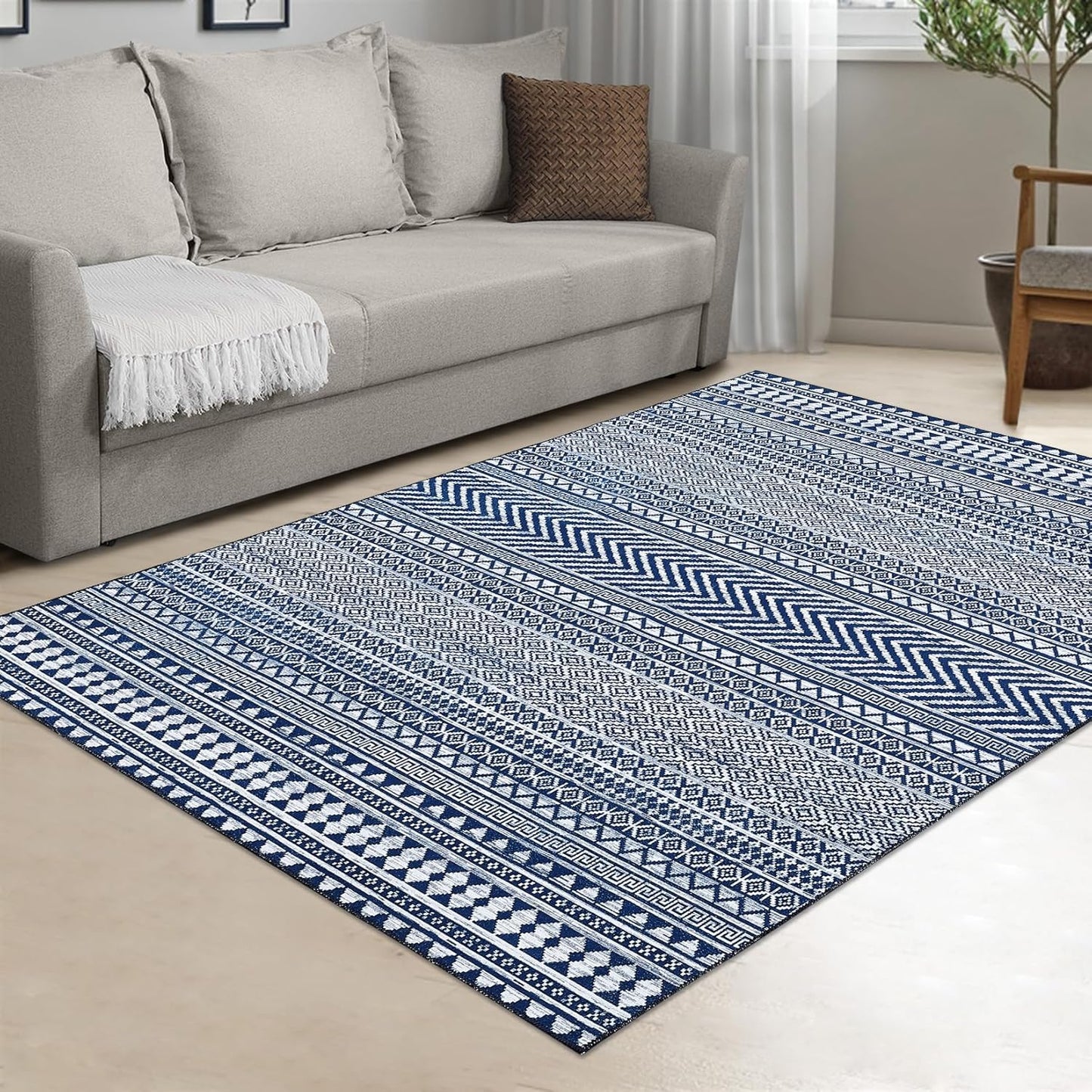 WESTLOOM 9x12 Large Living Room Rug Washable Rug Indoor Non-Slip Boho Rug Moroccan Rug Stain Resistant Geometric Carpet for Bedroom Home Office, Blue