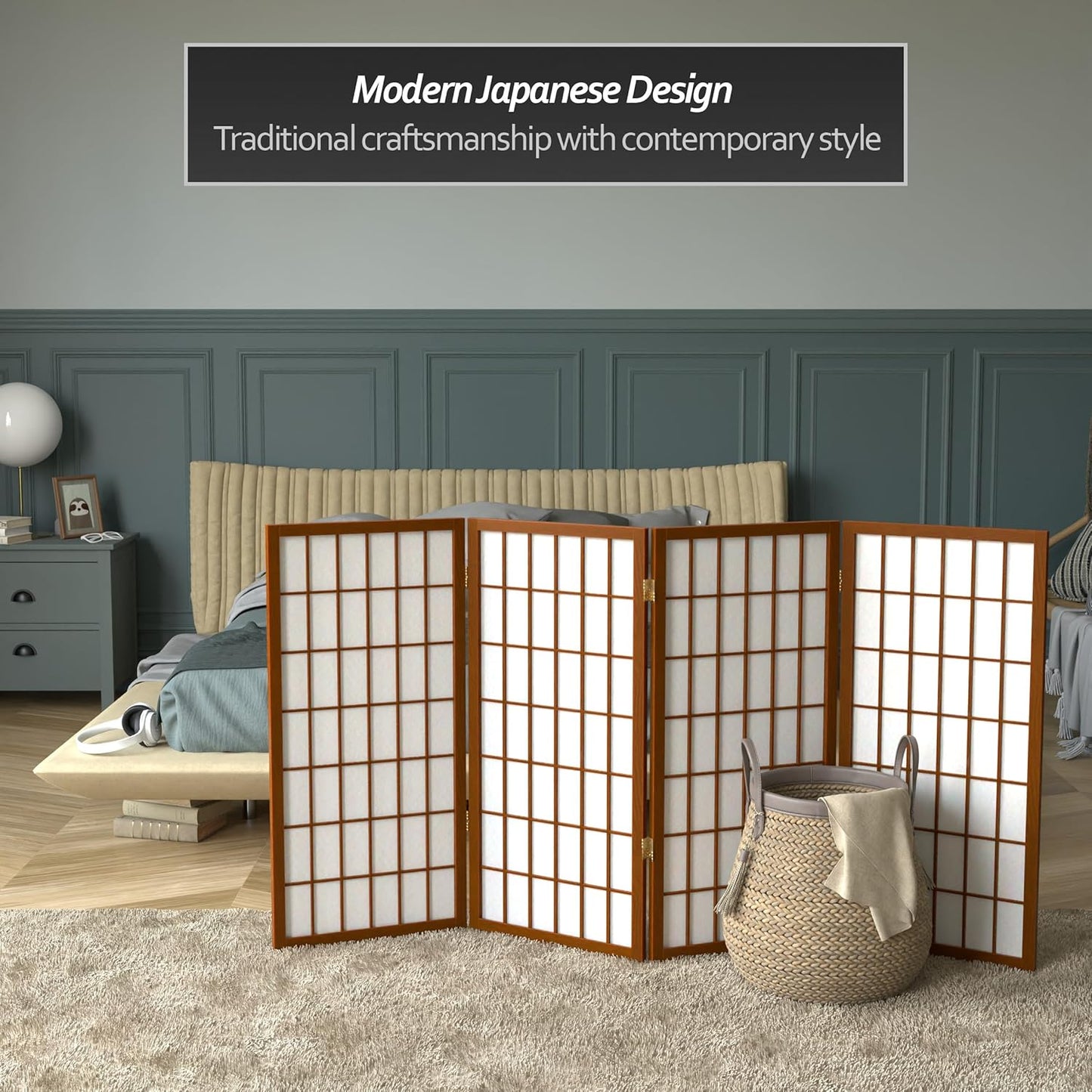 3 ft. Short Window Pane Shoji Screen - Walnut - 4 Panels