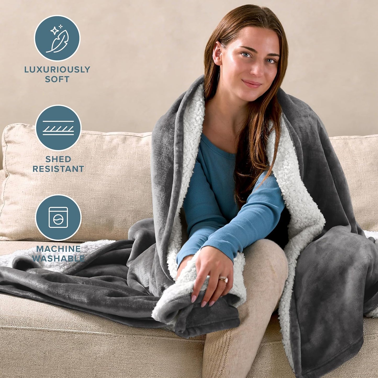 Bare Home Sherpa Fleece Blanket - Throw/Travel Size - Blanket for Bed, Sofa, and Couch - Warm & Lightweight - Fluffy & Soft - Reversible (Throw/Travel, Grey)