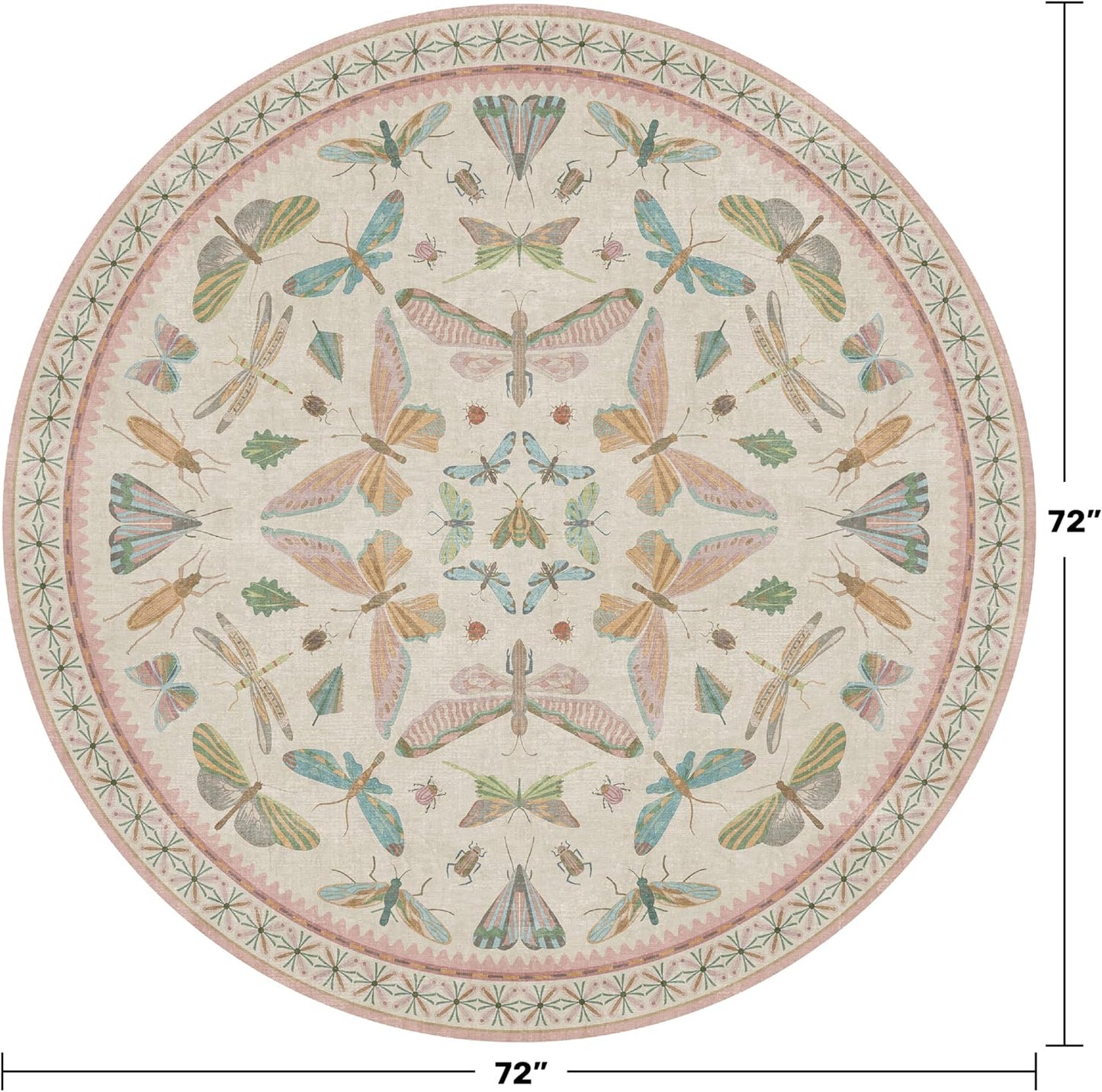 Pink Cute Butterfly 6ft Round Soft Rugs for Girls Bedroom Beside Bed - Non Skid Rug Low Pile Washable Living Room Rugs, Fun Insect Carpet for Playroom, Reading Corner, Low Pile & Soft