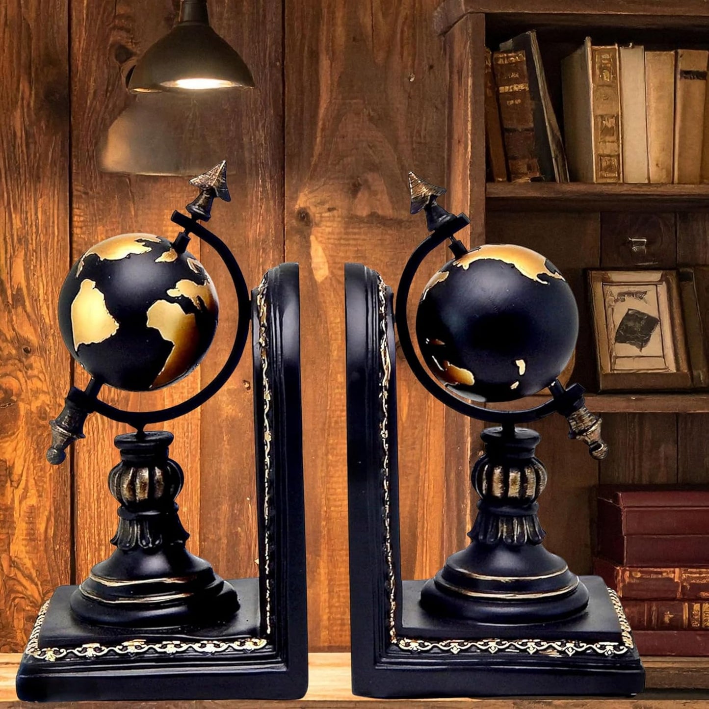 Bellaa Decorative Bookend Globe Arrow Armillary Atlas Celestial Sphere Astronomy Art Vintage Statues Book Ends Heavy Duty Shelf Supports Shelves Stoppers Holder Nonskid