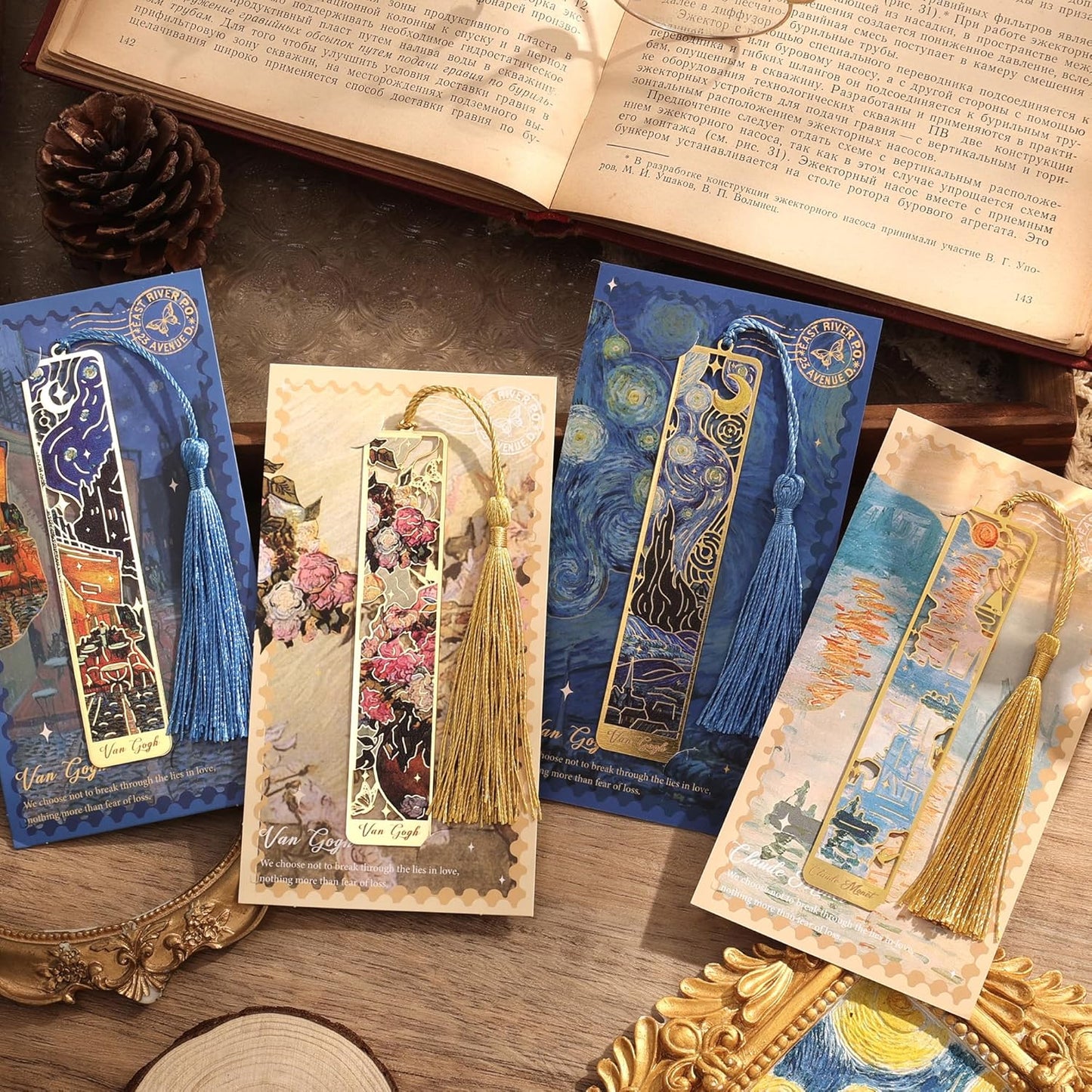 4 Pieces Bookmarks with Tassel, Golden Hollow Metal Bookmark Monet Oil Painting Theme Book Mark for Women Book Lovers Writers Readers Children Teenage Girls, (Starry Sky Style)