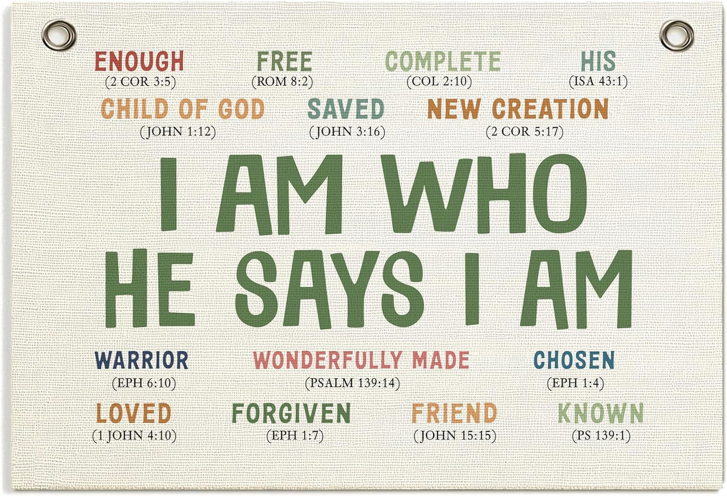 Christian Wall Decor Banner, Inspirational Religious Bible Verse Decor, Canvas Hanging Flag Banner Wall Poster Sign, Positive Growth Mindset Quotes for Kid's Room Classroom Homeschool -I Am Who He Says I am