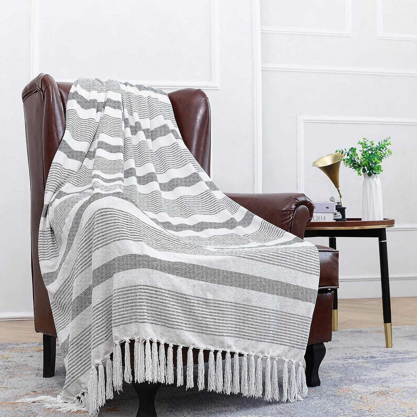 Decorative Black White Striped Throw with Fringe, Soft Chenille Knitted Farmhouse Lightweight Blanket with Tassels for Couch Sofa Chair Bed Office Home Décor, Black and Ivory, 50" x 60"