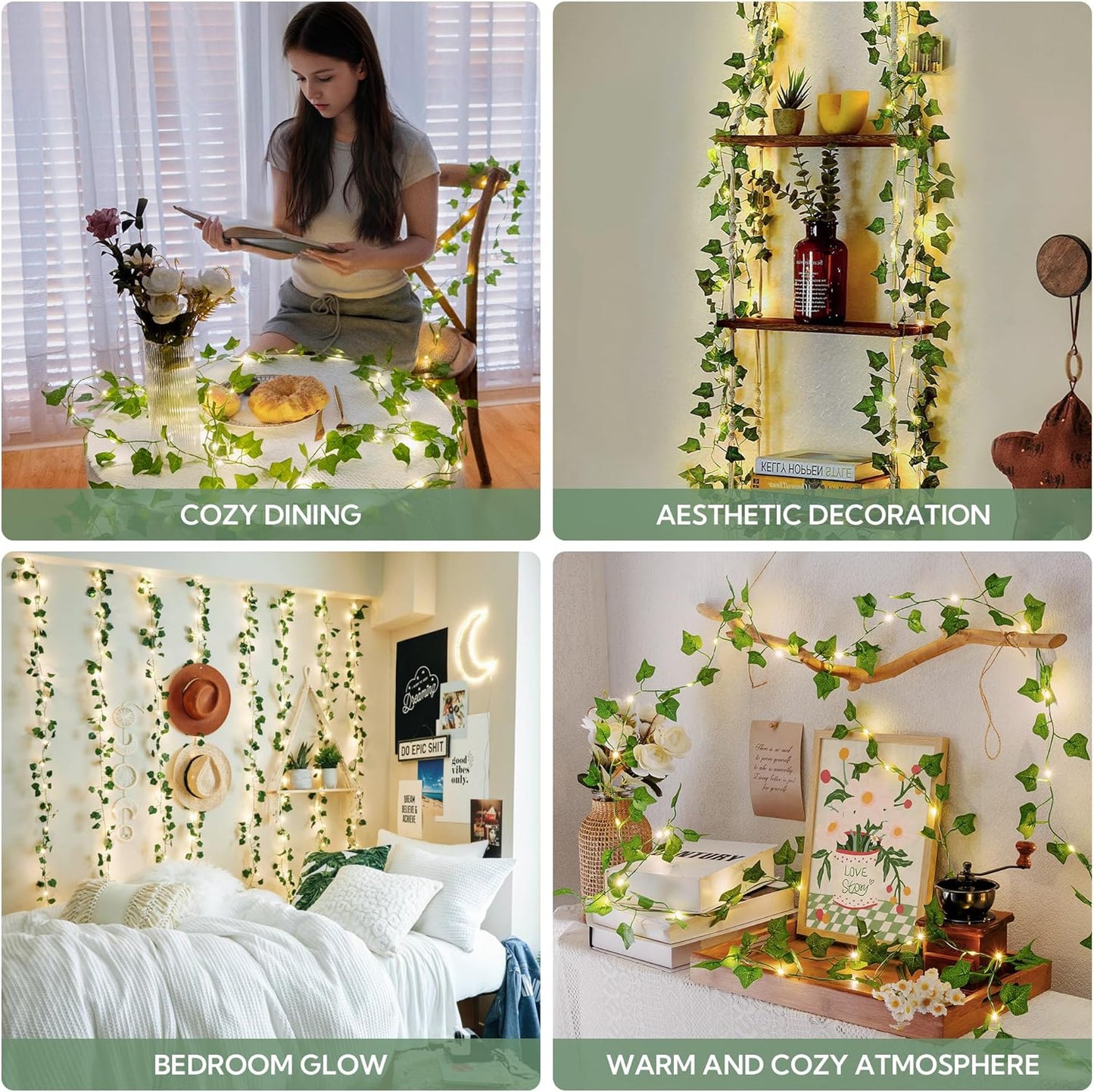 HEYFUNi Ivy Vines with Lights with Remote, 13 Ft 40LED Artificial Green Leaf String Lights USB/Battery Operated, Fake Vines for Bedroom Wall Aesthetic, Dorm, Room Decor, Warm White
