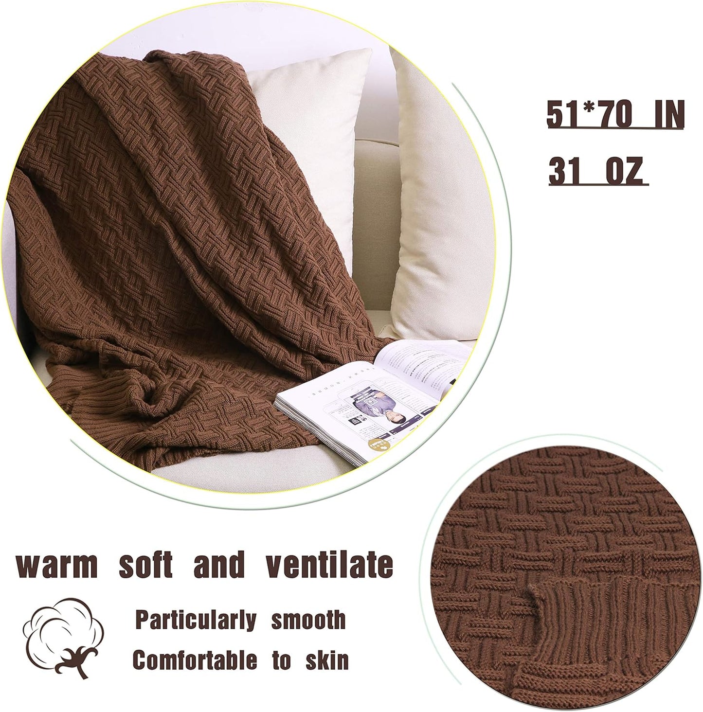 Cable Knit Throw Blanket for Couch Sofa Car Home Decor 51 x 70in