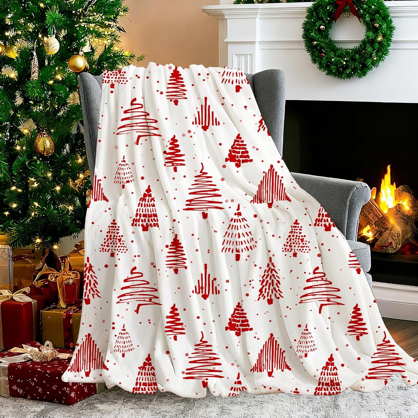 Christmas Tree Throw Blanket, Winter Red White Xmas Tree Warm Flannel Blanket for Living Room Couch Bed Chair or Dorm, 50x60 Inch