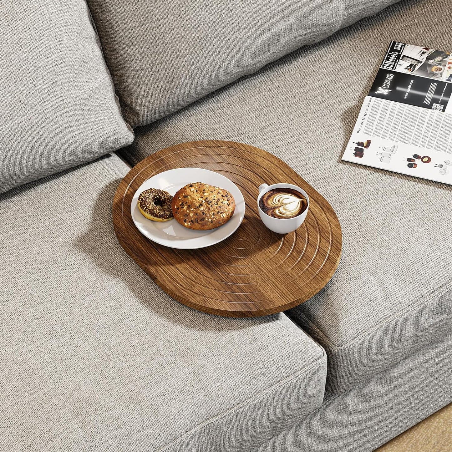 Couch Tray Insert for Middle, 15.75"x12.6" Wood Sofa Tray, Folding Couch Armrest Table Fit Armless Couch/Sectional, for Drink Snacks Phone Remote Holder, Walnut