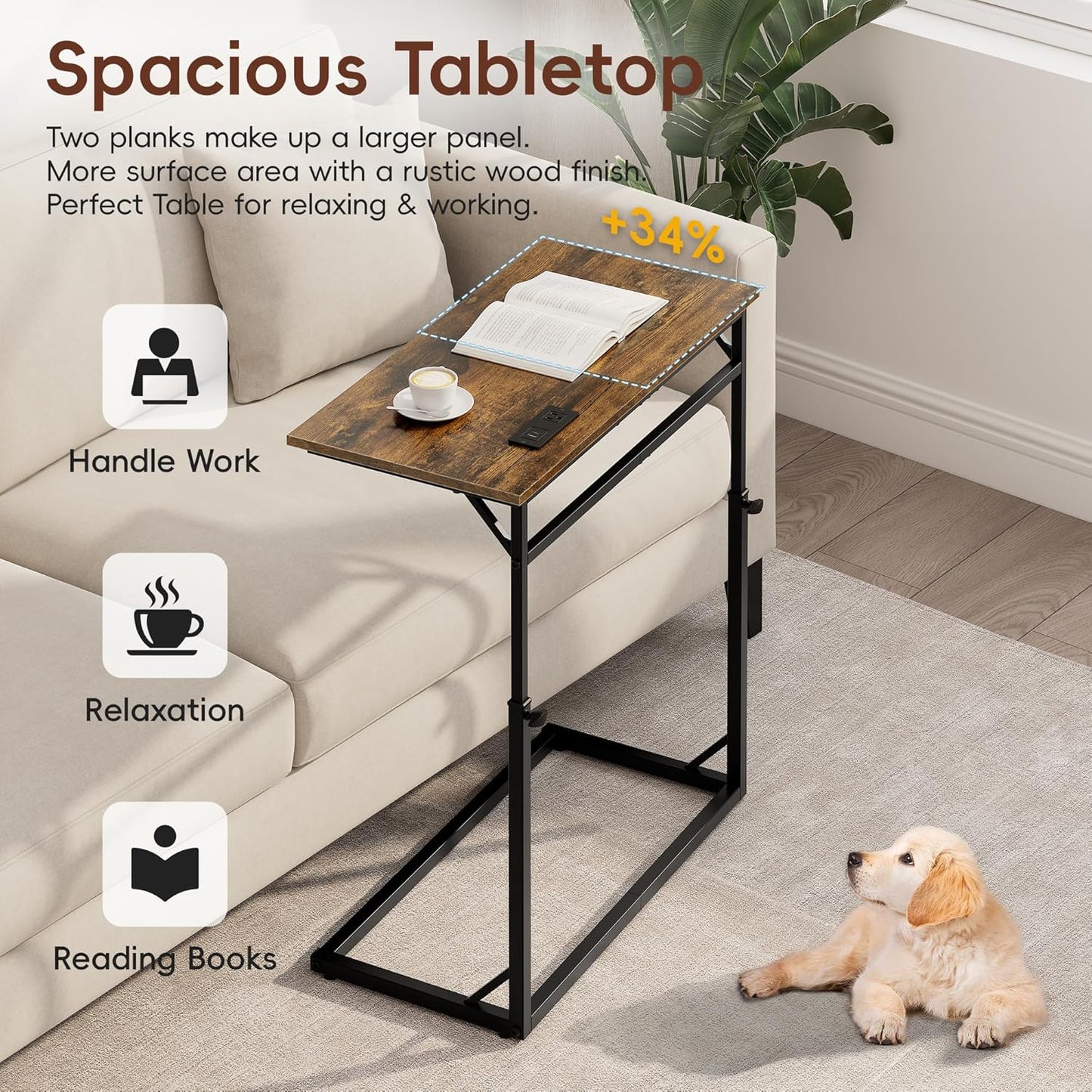 Vagusicc C Shaped End Table with Charging Station, Large C-Table End Table Adjustable Height Side Table for Couch, Couch Table Slide Under Sofa Table TV Tray Table for Sofa, Living Room, Bedroom,Brown
