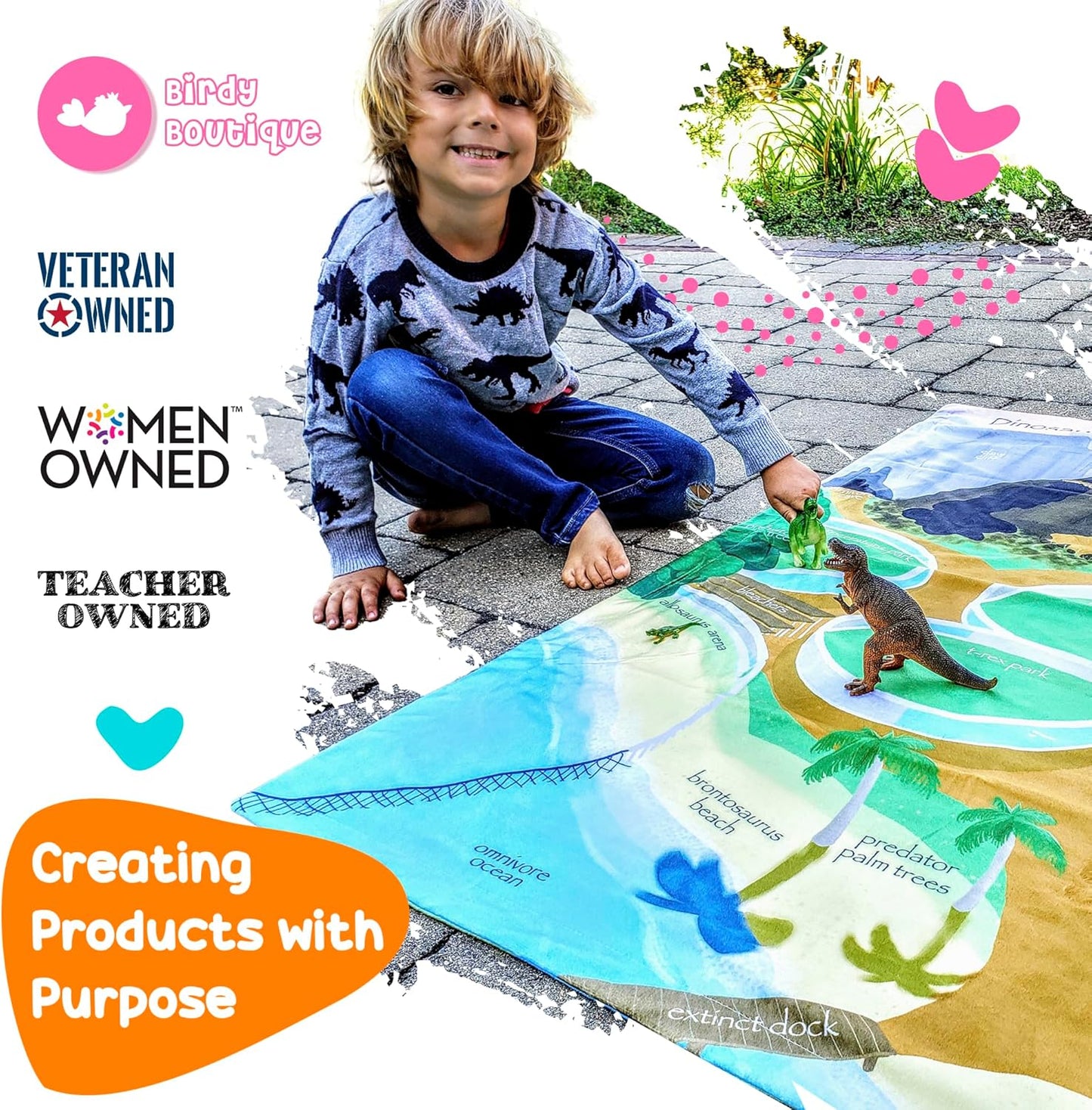 Birdy Boutique – Learning Blanket® – Double-Sided Dinosaur & Vehicle City Theme – 50" x 60" Soft Minky Educational Blanket for Kids – Playmat Throw for Preschool, Toddler, Daycare, Bedroom or Travel