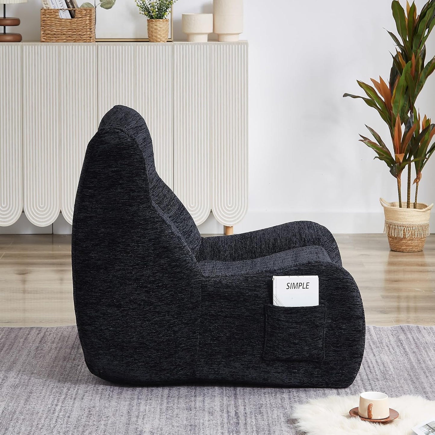 Bean Bag Chairs for Adults and Kids, Oversized Comfy Lazy Floor Sofa, Chenille Upholstered Boneless Couch Chair with Side Pockets, Memory Lounge Reading Chair for Living Room Bedroom Office (Black)