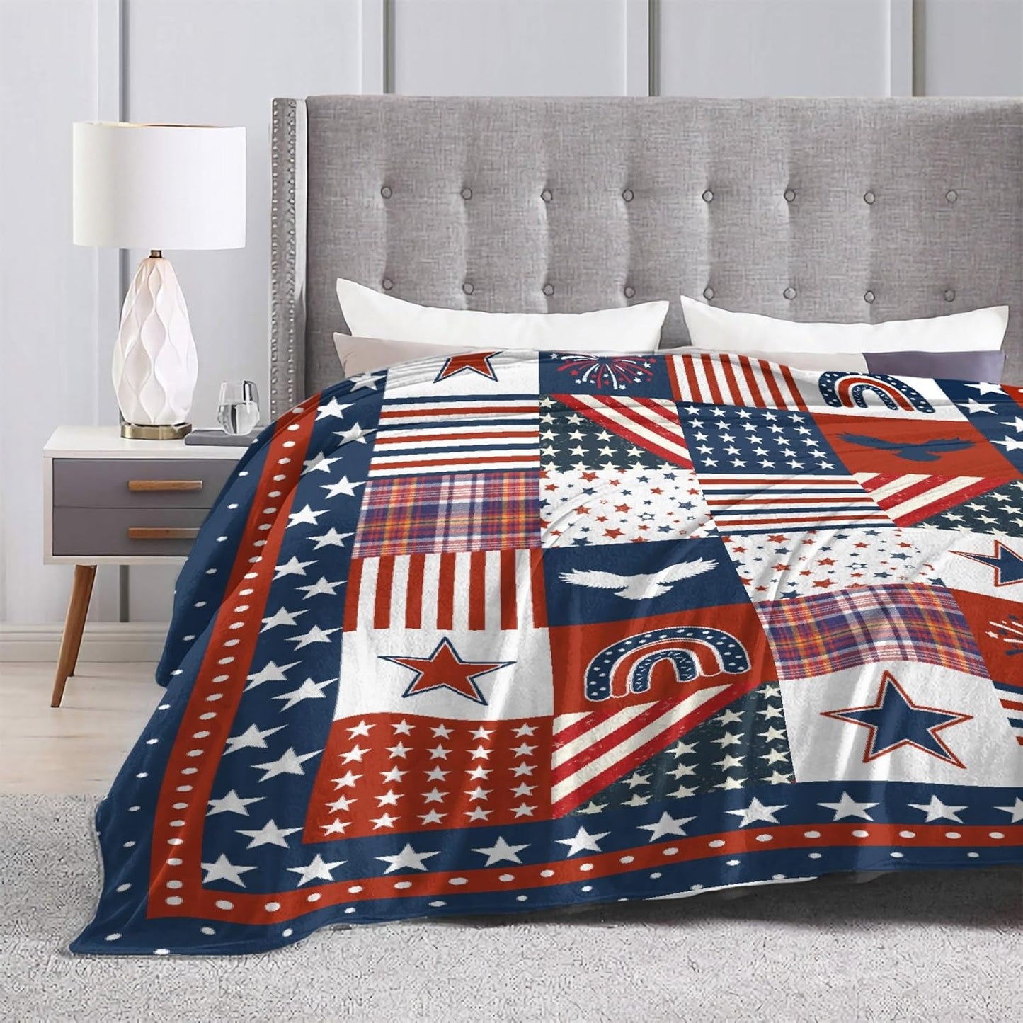 Flag Star Patriotic Blankets Independence Day 4th of July Blanket Gifts, Ultral Soft Blue Red White Lightweight Flannel Blankets Throw for Home Sofa Bed Chair 50"x60" for Teens