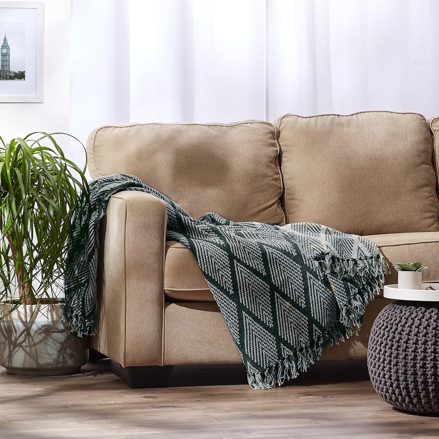 DII Diamond Throw Collection Fringed Woven Cotton Blanket, 50x60, Olive Green