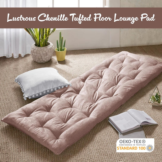 Intelligent Design Edelia Foldable Poly Chenille Light Weight Lounge Floor Pillow Cushion Tufted Seat for Meditation, Game Playing, Yoga, Reading with Travel Wrap, 74x27", Blush