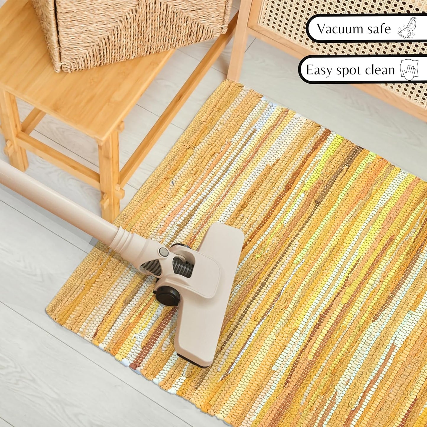 Ramanta Home 100% Cotton Hand Woven Tonal Chindi Rag Rug 2'x3' - Mustard, Recycled Reversible Rug, Boho Rustic Farmhouse Rugs for Living Room, Dinning Room, Kitchen Floor Mats - 24"x36"