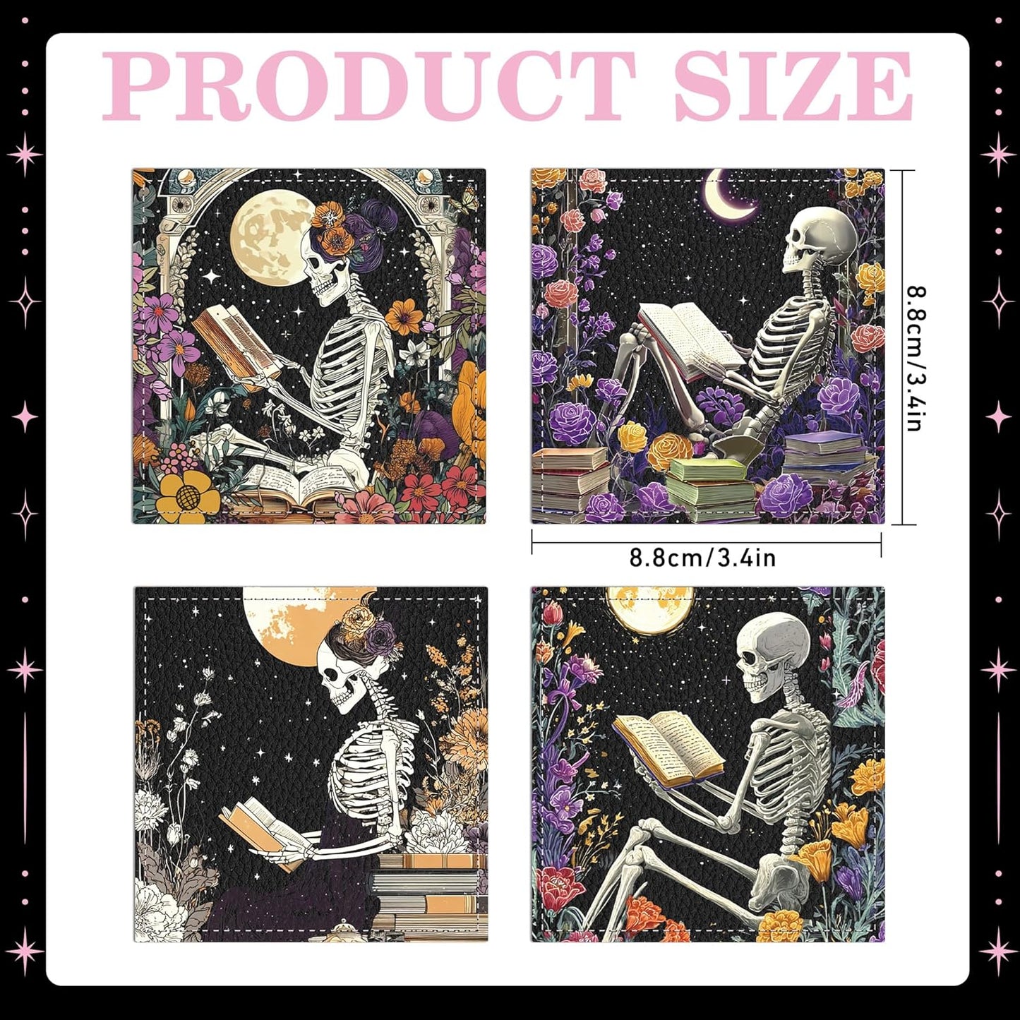 4 Pcs Gothic Skeleton Corner Bookmarks, Leather Skull Floral Book Marks for Book Lovers, Halloween Horror Book Accessories for Reading Women Men Bookworm Gifts School Office Supplies