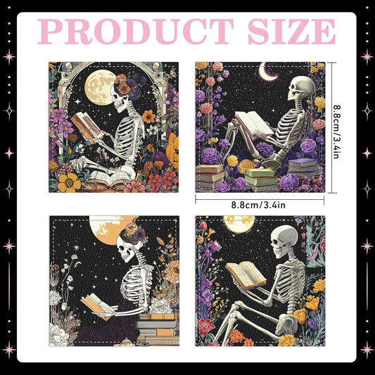 4 Pcs Gothic Skeleton Corner Bookmarks, Leather Skull Floral Book Marks for Book Lovers, Halloween Horror Book Accessories for Reading Women Men Bookworm Gifts School Office Supplies