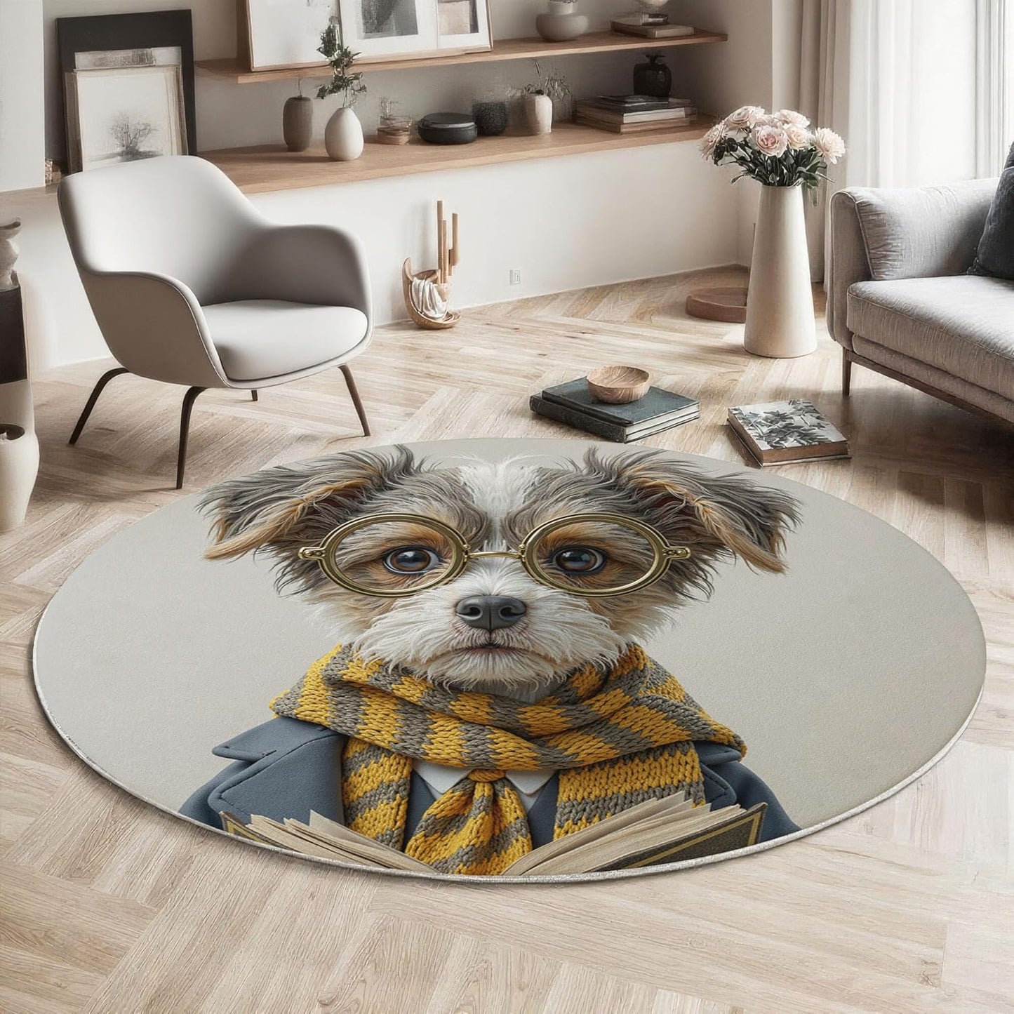 Modern Round Area Rug for Living Room, 6Ft Washable Round Rug Beige Retro Glasses Puppy Circle Rugs for Dining Room Table, Realistic Animal Style Small Circular Floor Carpet for Bedroom