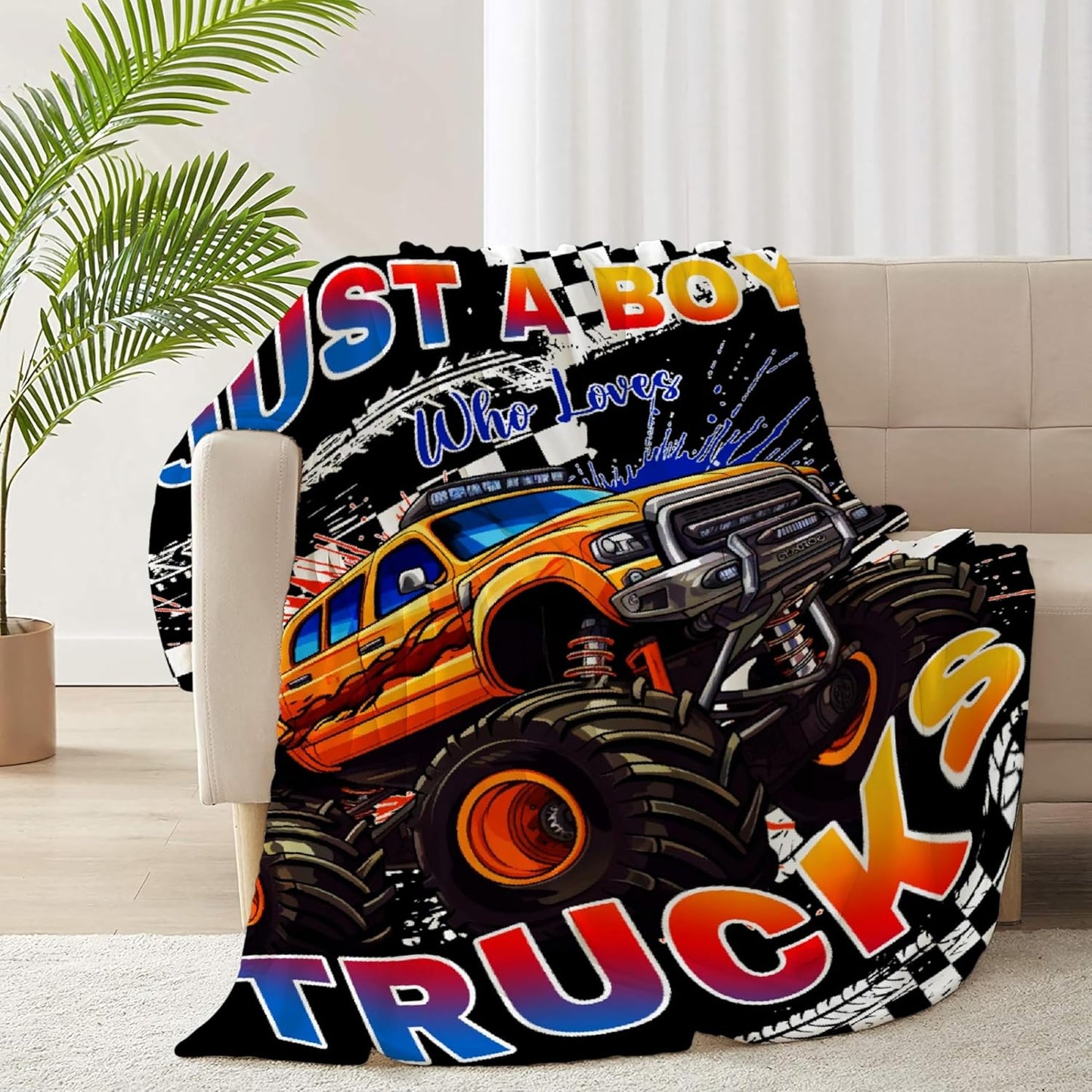 Trucks Blanket, Just A Boy Who Loves Trucks Gifts for Kids, Car Themed Flannel Blankets, Soft Cozy Lightweight Throws Gifts for Truck Lovers & Boys 40x50 Inch for Kid