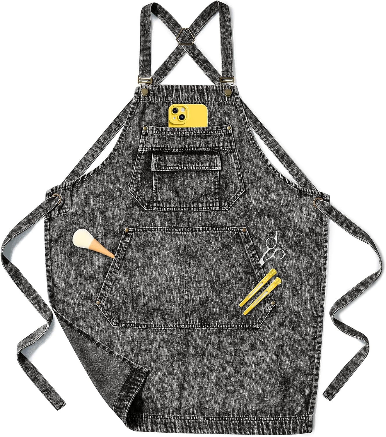 Denim Apron with Pockets for Hair Stylist Gardening Craftsmen Barista Women Hairdresser Jean Work Apron Cross Straps