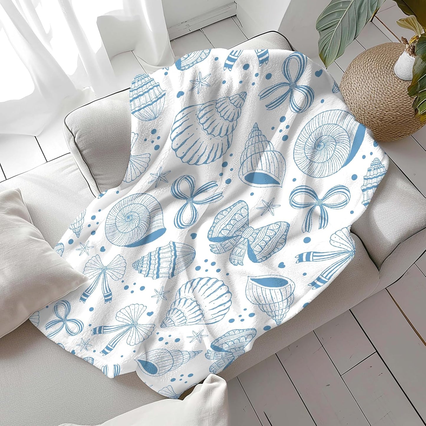 MASLEK Coastal Shell Blanket Soft Cozy Flannel Throw Blue Bow Nautical Theme Soft Cozy Flannel Fleece Blankets for Sofa Couch Bed Room Birthday Decor, 50 x 60 Inch
