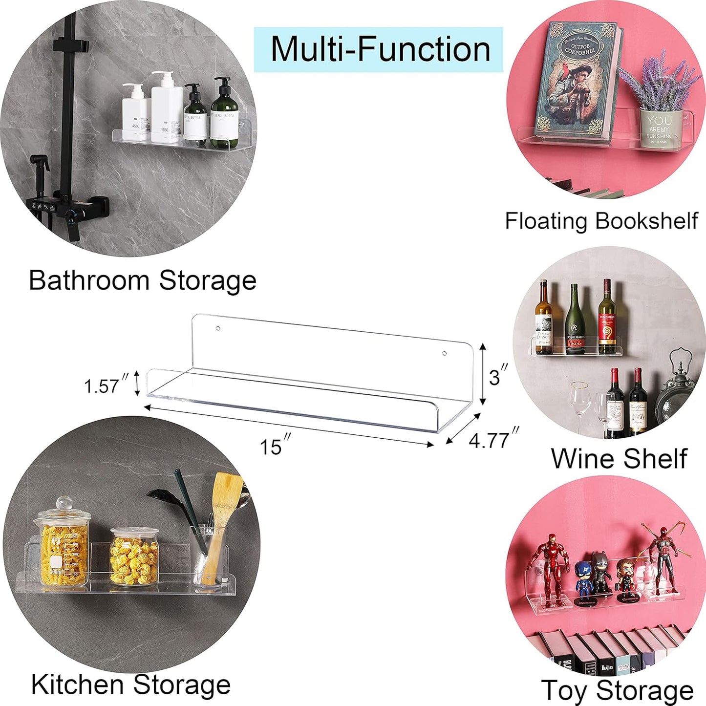 Sooyee Acrylic Shelves,8 Pack 15 Inch Floating Wall Mounted Shelves, Funko Pop Display Case,Invisible Kids Book Shelf,Picture Ledge Shelf Decor Accents,Bathroom Shelf,Clear