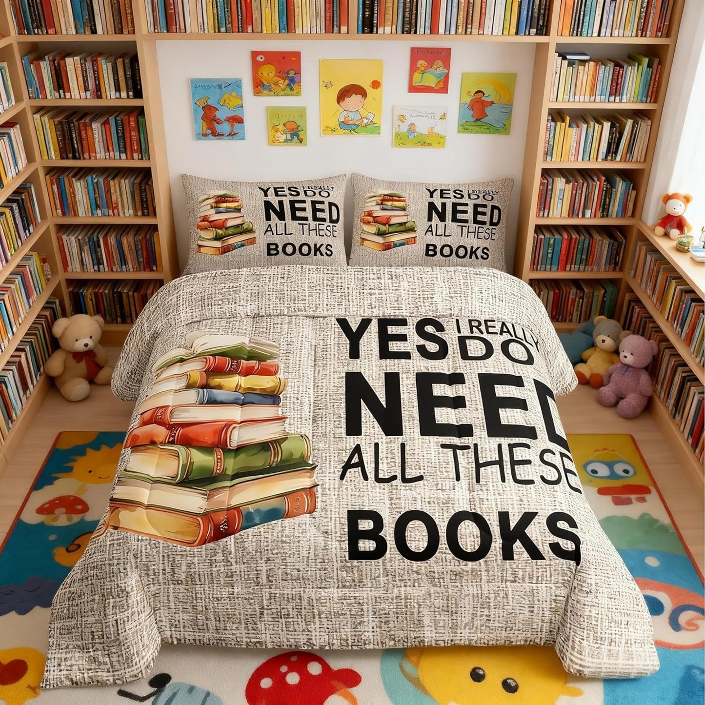 Castle Fairy Books Pattern Full Size Comforter Set,Book Lover Bedding Set for Adults Teens,Children Book Comforter Luxury Watercolor Quilt Set Room Decor 3Pcs