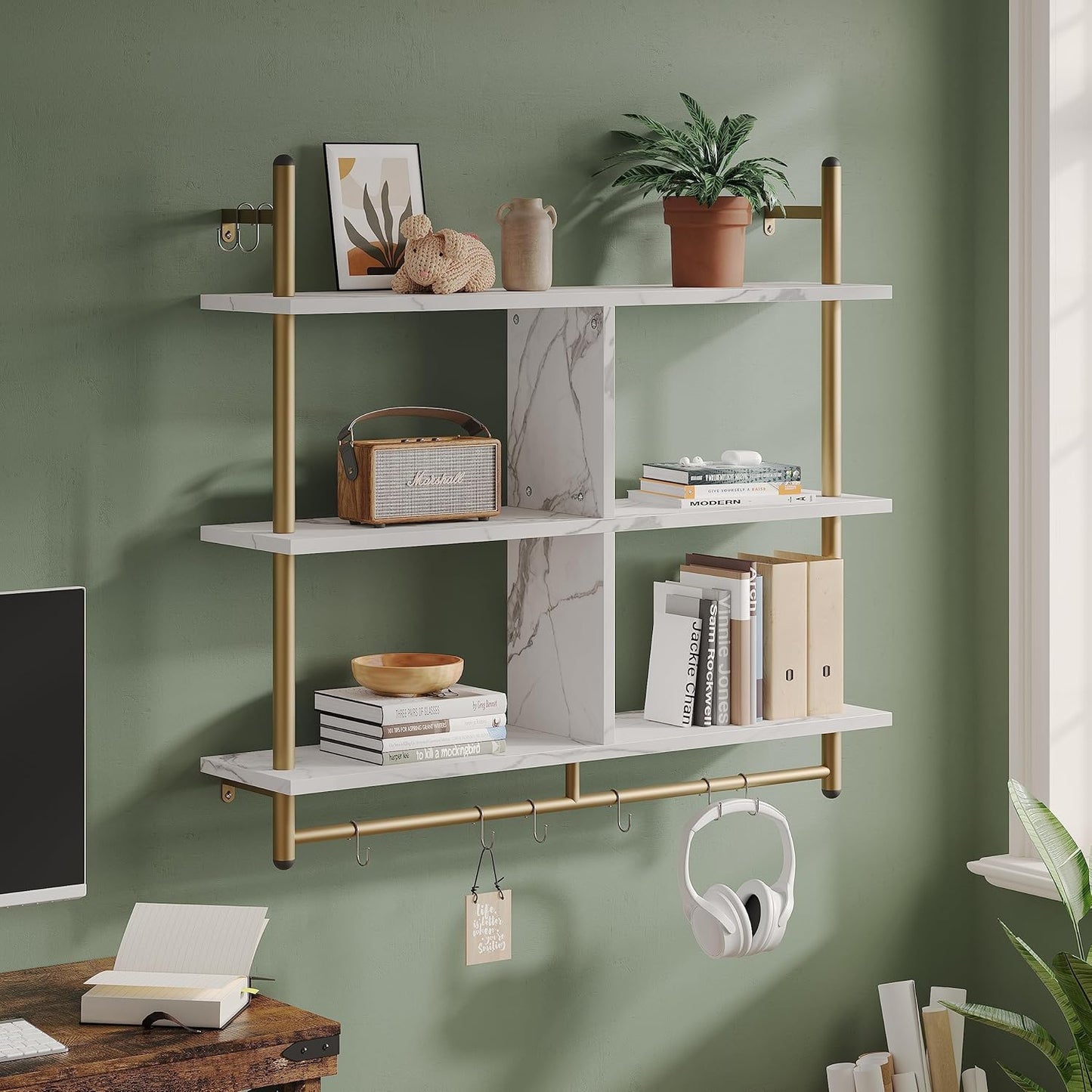 Bestier Kitchen Shelves Wall Mounted Floating Pipe Shelving 3 Tier 41.5" Coffee Bar Shelf with Holder Wall Display Storage Rack Kitchen Organization and Home Decor, White Faux Marble