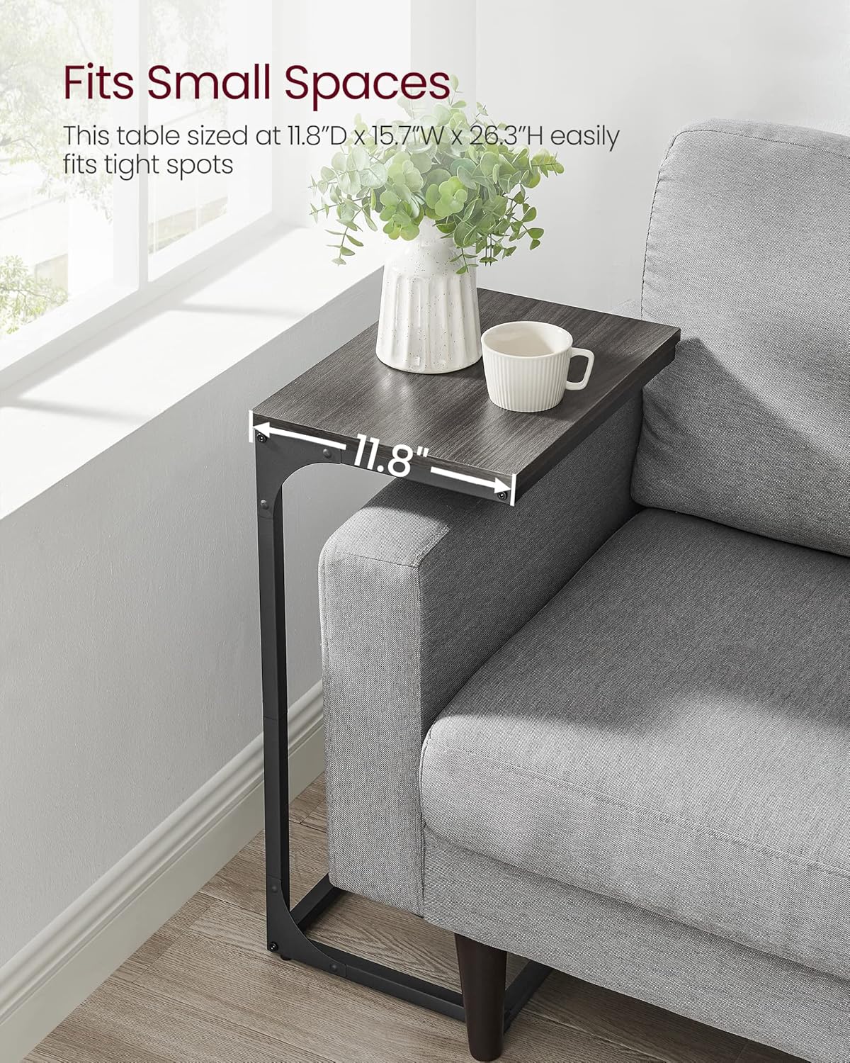 VASAGLE C-Shaped End Table, Side Table for Sofa, Couch Table with Metal Frame, Small TV Tray Table for Living Room, Bedroom, Ebonized Oak Finish and Black ULET353B42