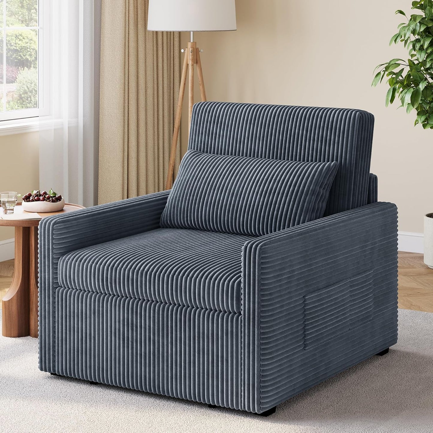 Ahomly 3 in 1 Pull Out Sleeper Chair, 75.2" Long Convertible Sofa Bed for Adults, Corduroy Armchair Chair Bed & Single Sleeper with Pillow for Dorm/Bedroom, Dark Grey