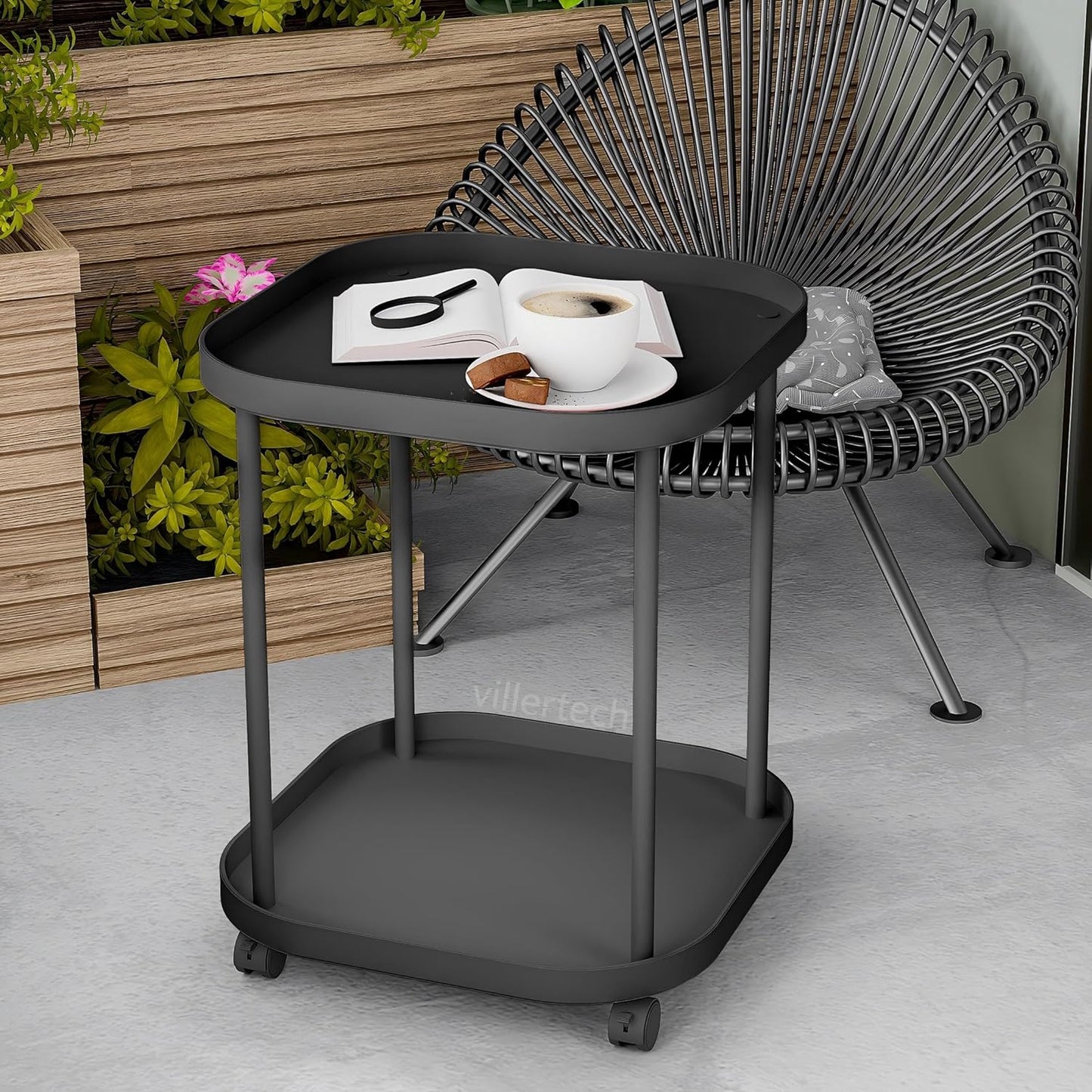 Side Table with Wheels, End Table Living Room Plastic Mobile Sofa Side Table Small Night Stand Bedroom Black