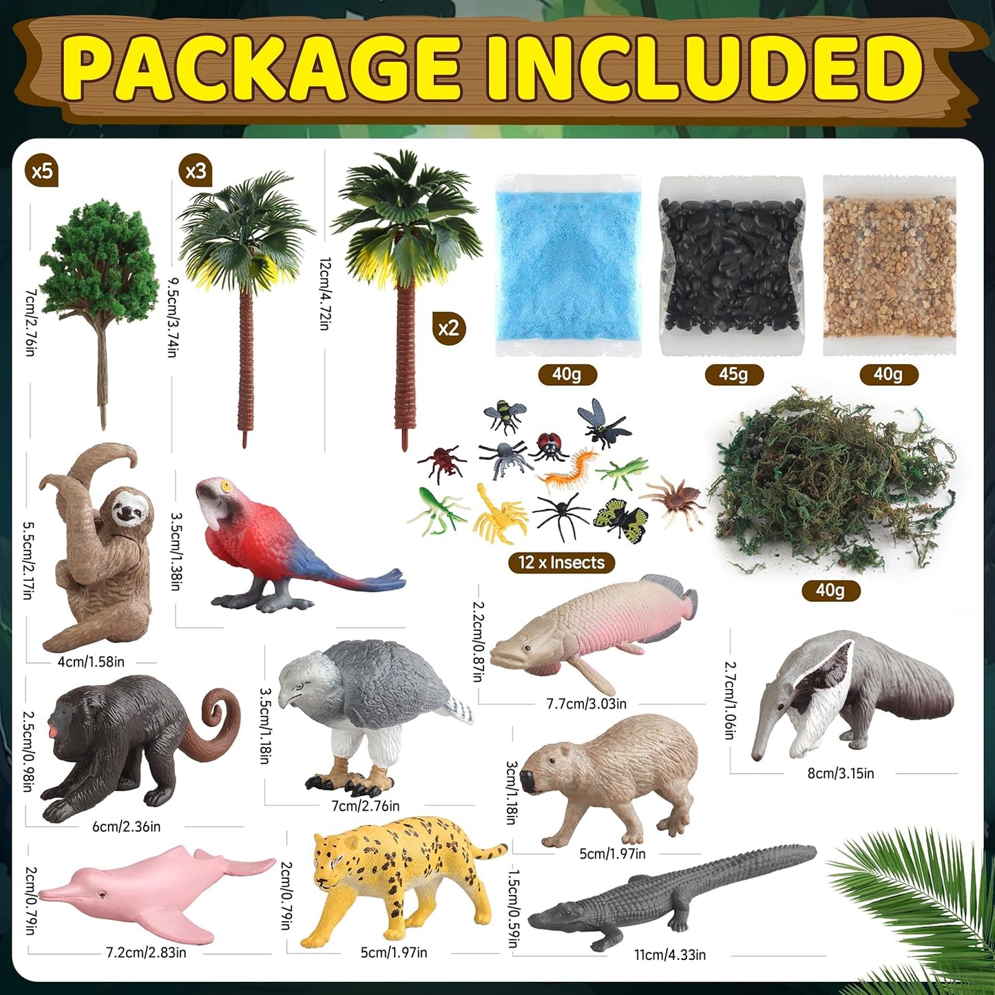 37PCS Rainforest Animals Figures Toys Set, Rainforest Diorama Supplies Include Jungle Animal Figurines,Trees, Moss, Sand, Stones for Kids Historical Education School Project Decoration Birthday