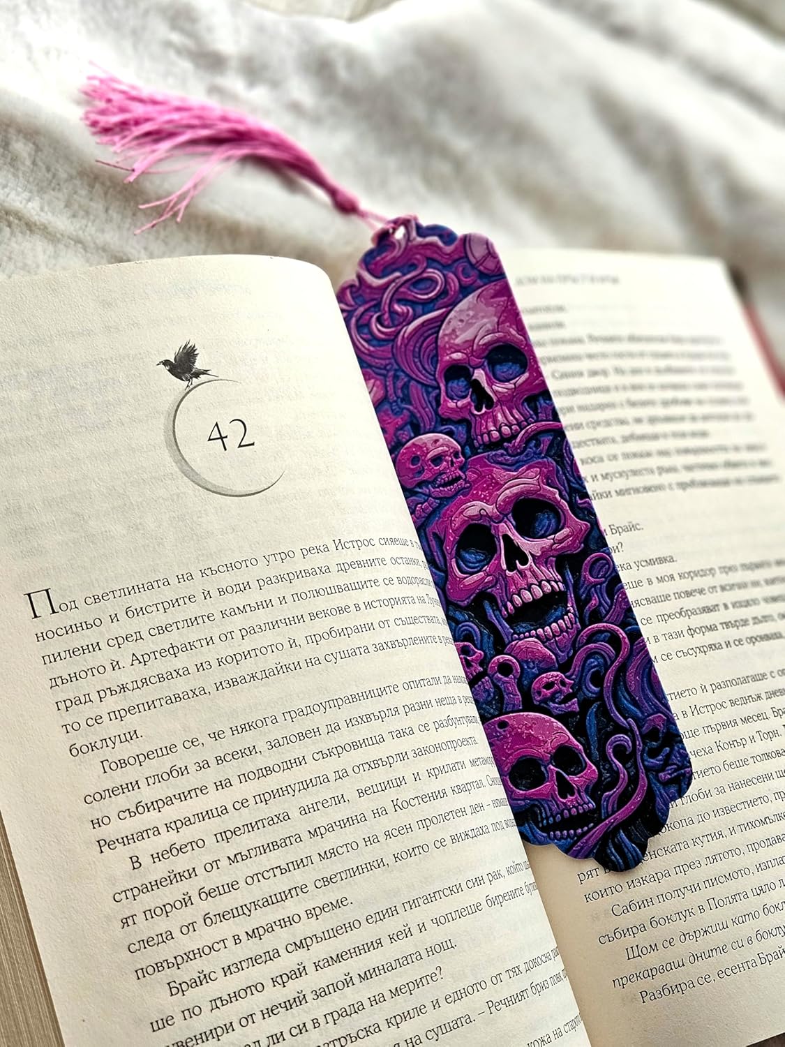 Gothic Skull Bookmark with Pink Tassel, 3D Printed, Purple and Navy Design, Horror Theme Decorative Page Marker