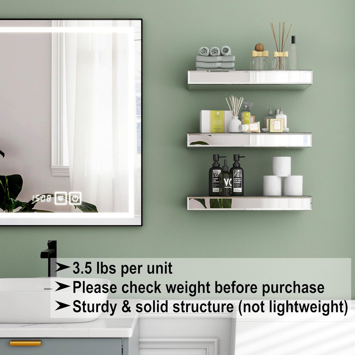 SHYFOY Mirrored Floating Shelves for Wall, Set of 3 Glass Wall Mounted Shelves for Bathroom Decor, Hanging Book Shelf for Bedroom, Living Room, Kitchen, Storage & Decoration, Silver