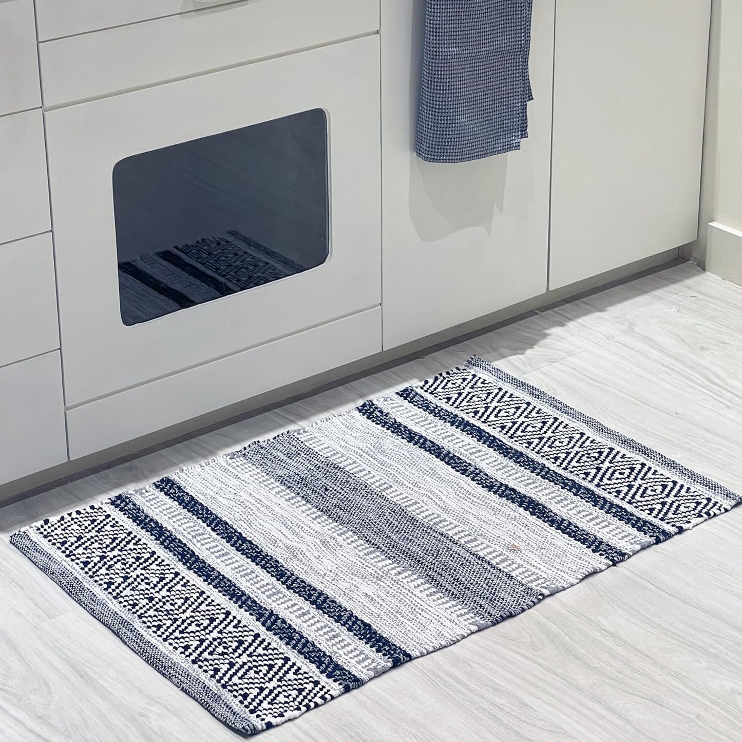 Chardin home Farmhouse Rug 24''x36'' Grey-Navy | Recycled Cotton Hand Woven Rug, Long Boho Rug | Perfect for Hallways, Kitchens, Bathroom, bedrooms, Meditation Yoga Mat | Machine Wash
