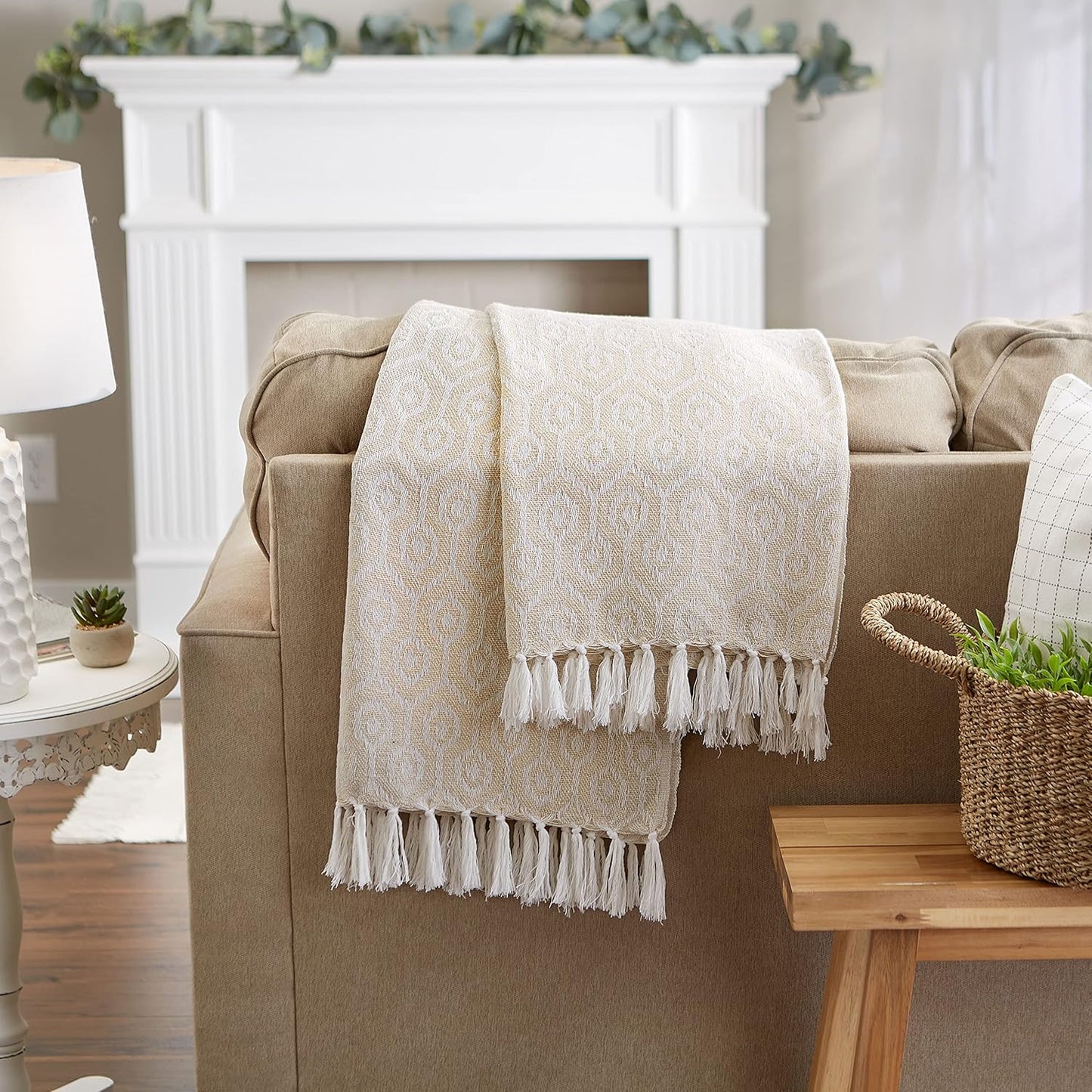 DII Modern Cotton Geometric Blanket Throw with Fringe for Chair, Couch, Picnic, Camping, Beach, & Keep Cozy with Everyday Use, 50x60, Off-White