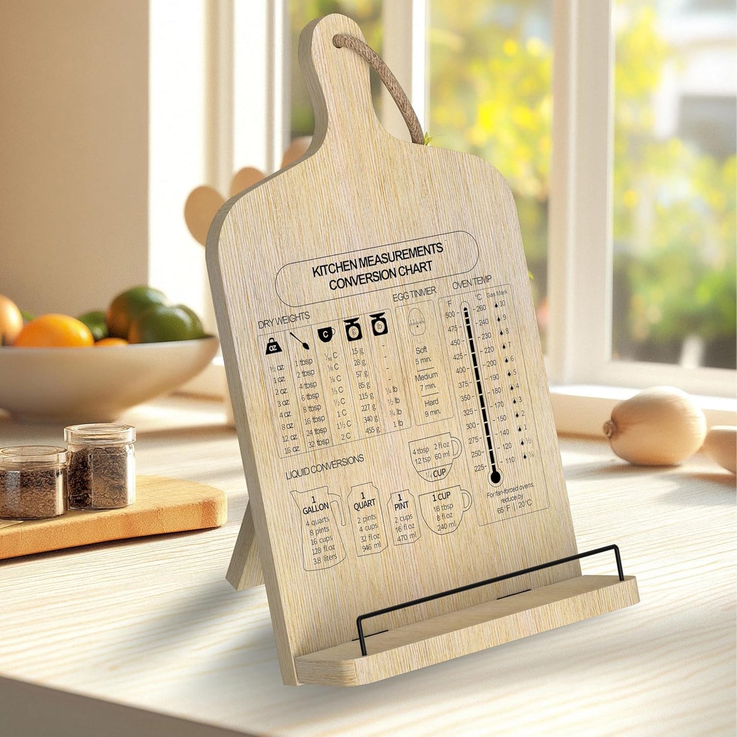 Bamboo Cookbook Stand, Adjustable Cookbook Holder Stand, Recipe Book Holder with Measurement Conversion Chart, Cook Book Stand for Kitchen Counter, Essential Accessories Gifts for Bakers Women