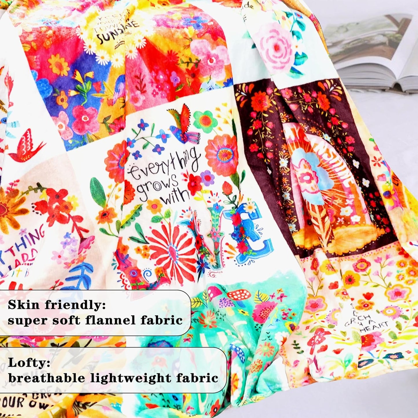 Boho Floral Throw Blanket Natural Life Patchwork Blankets, Natural Life Gifts for Women with Inspirational Thoughts, Soft Warm and Cozy Flannel for Sofa Bed Couch Travel 50"x60"