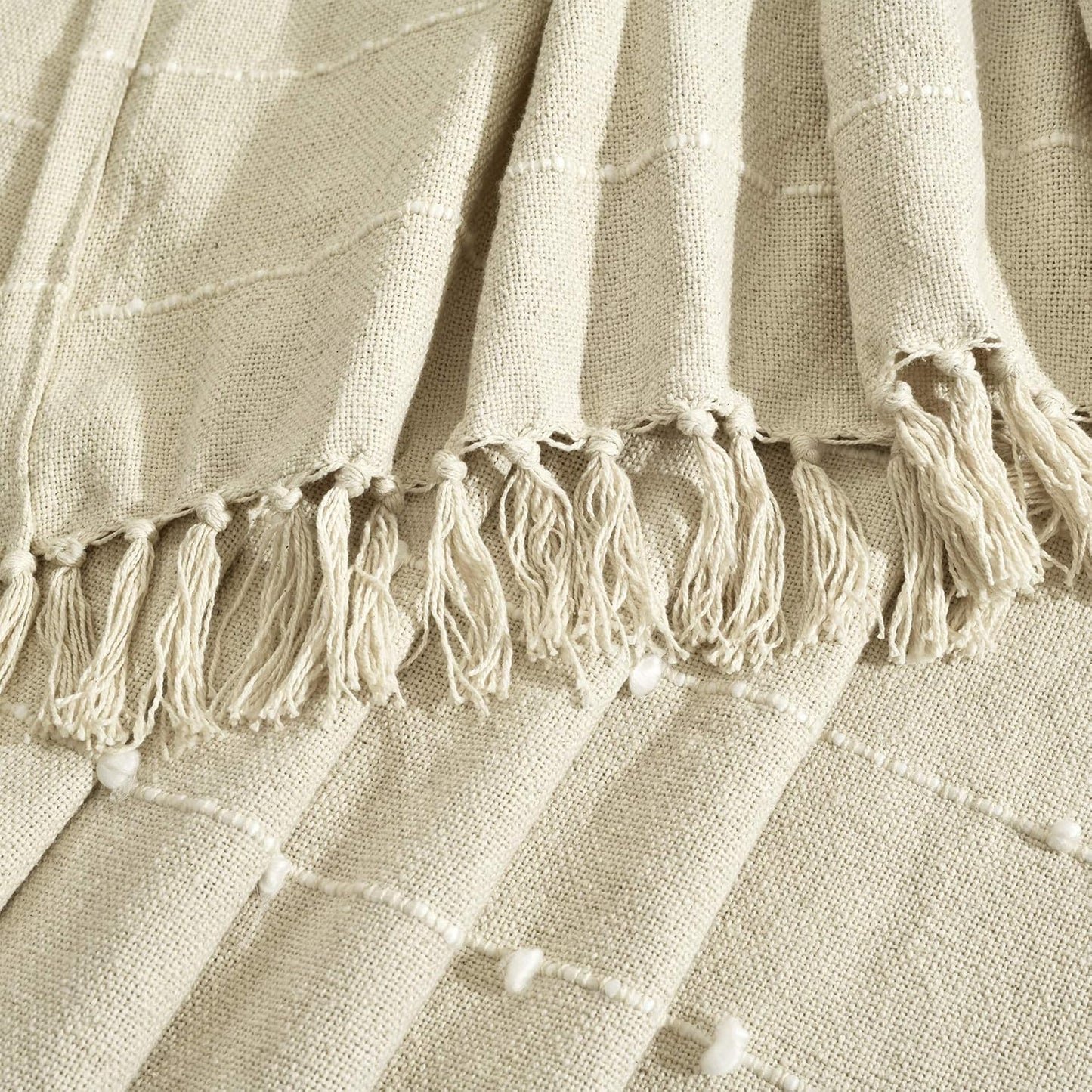 Lush Decor Boho Tufted Cotton Woven Tassel Fringe Throw Blanket Single 50" W x 60" L Neutral - Beige Throw Blankets for Bed - Couch Boho Blankets
