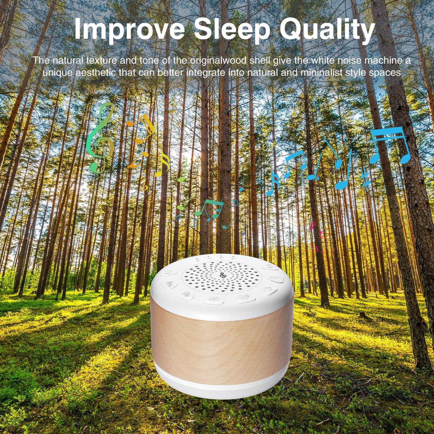 Solid Wood White Noise Sound Machine for Baby Adults Kids Sleep Sound Machine with 24 Soothing Sounds 8 Colors Night Light Timer Setting Function Portable Noise Machine for Gift (White, 3.93)