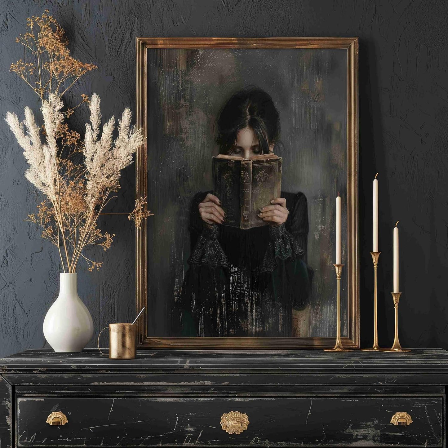 DYHOLILAND Retro Dark Wall Art-Dark Fantasy-Art Canvas Print Picture For Home Living Bedroom Office Decor-Victorian Woman Reading Bookish Poster For Dark Aesthetics Lover Decor