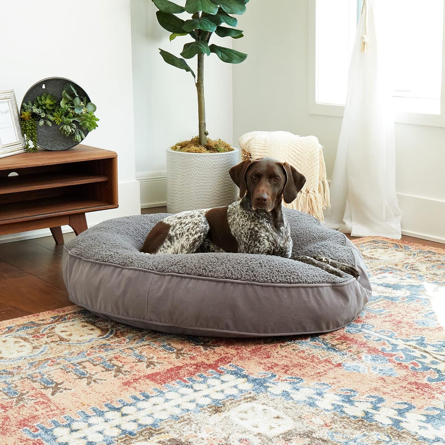 Happy Hounds Scout Deluxe Round Pillow Style Sherpa Dog Bed, Large (42 x 42 in.), Pewter