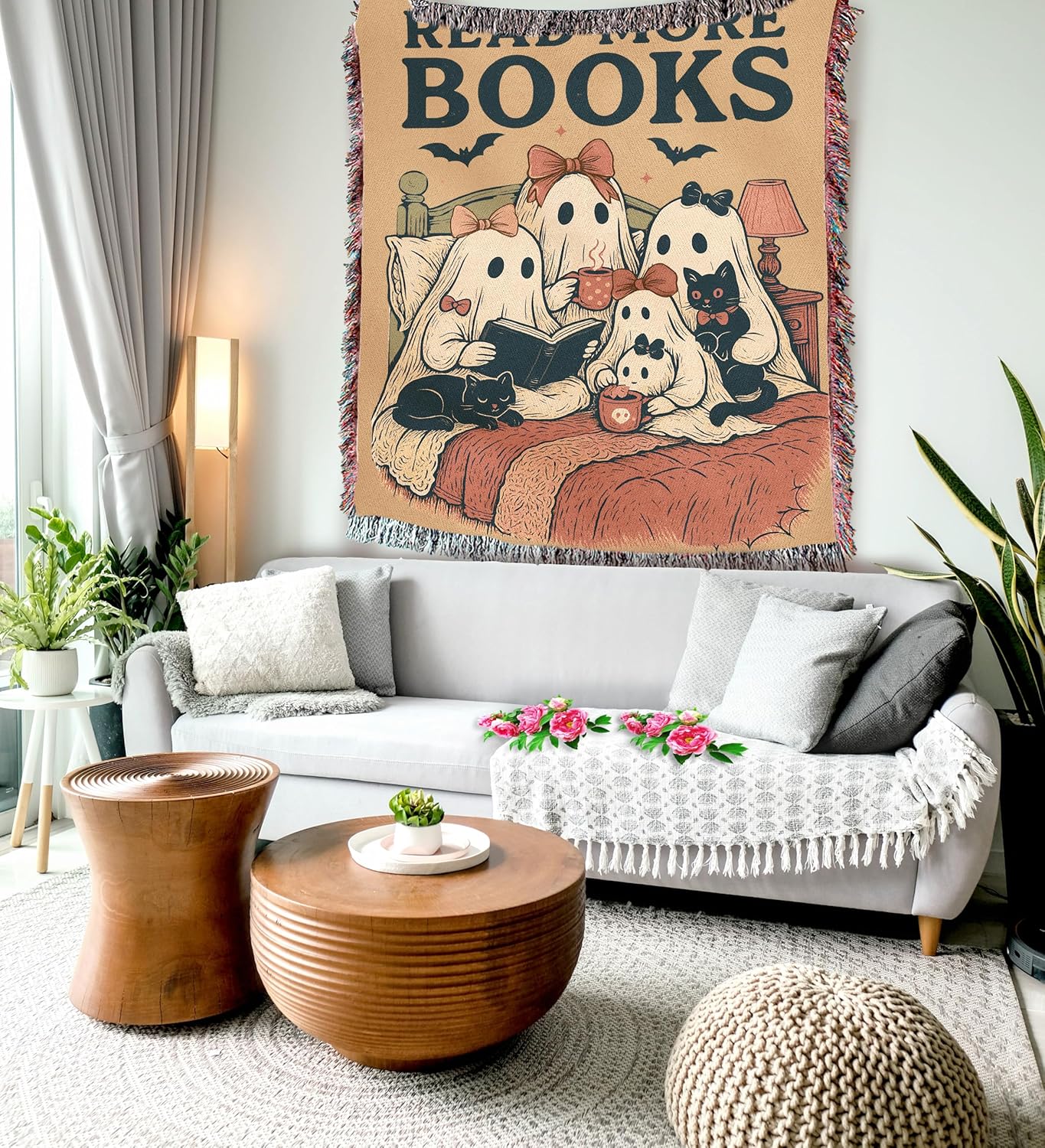 Read More Books Halloween Blanket – Ghost Book Lovers Woven Throw – Cozy Fall Blanket for Reading Nook or Gothic Decor