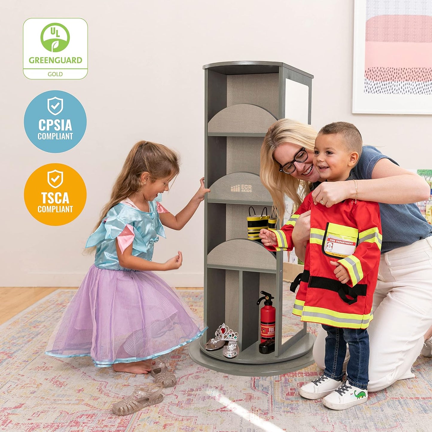 ECR4Kids Rotating Dress-Up Carousel, Costume Organizer, Grey Wash