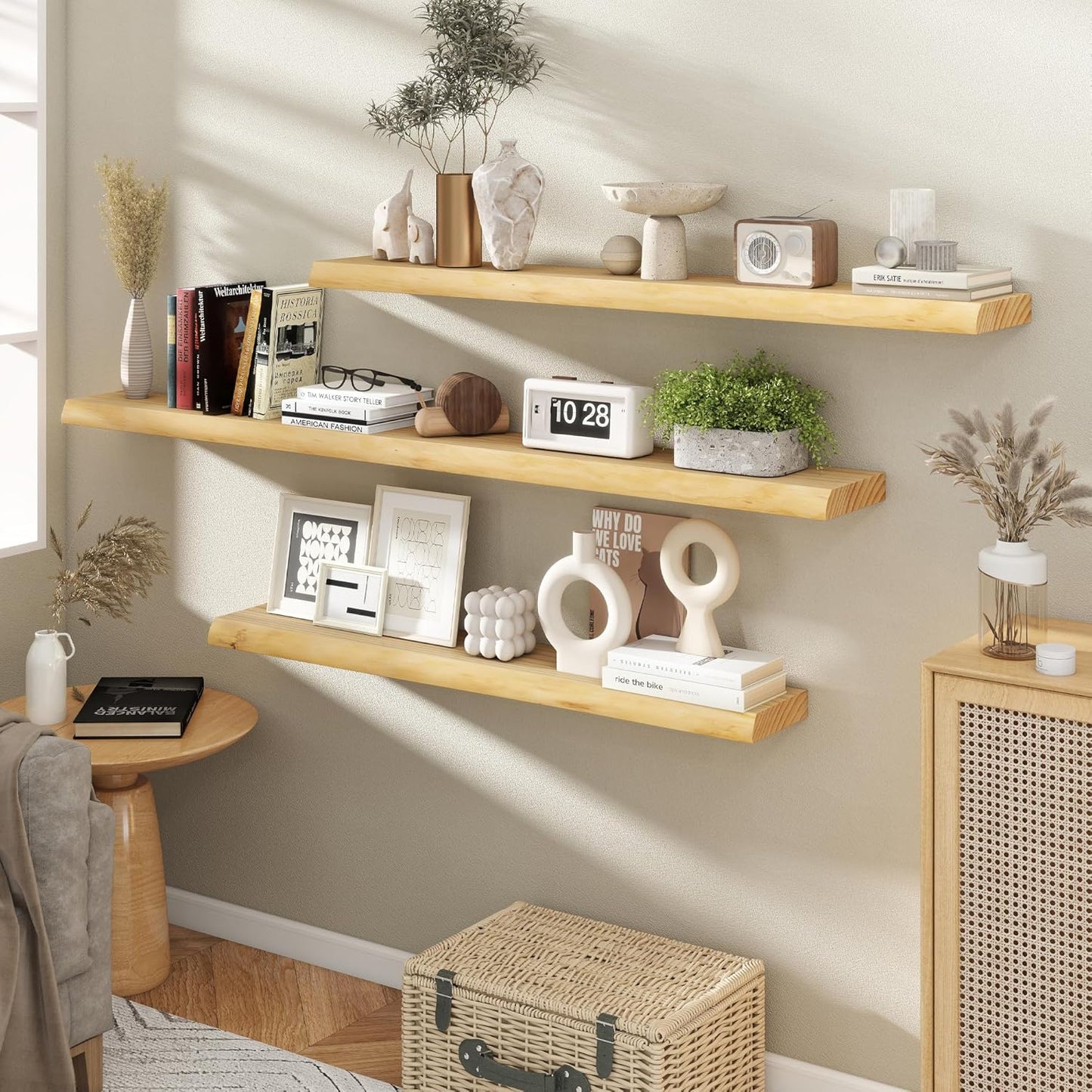 RICHFOCUS Live Edge Wood Floating Shelves for Wall 48" Natural Solid Wood Wall Mounted Shelf|8 Inch Deep Wooden Floating Shelves with Invisible Bracket for Bathroom Kitchen Room|1Pcs, Natural