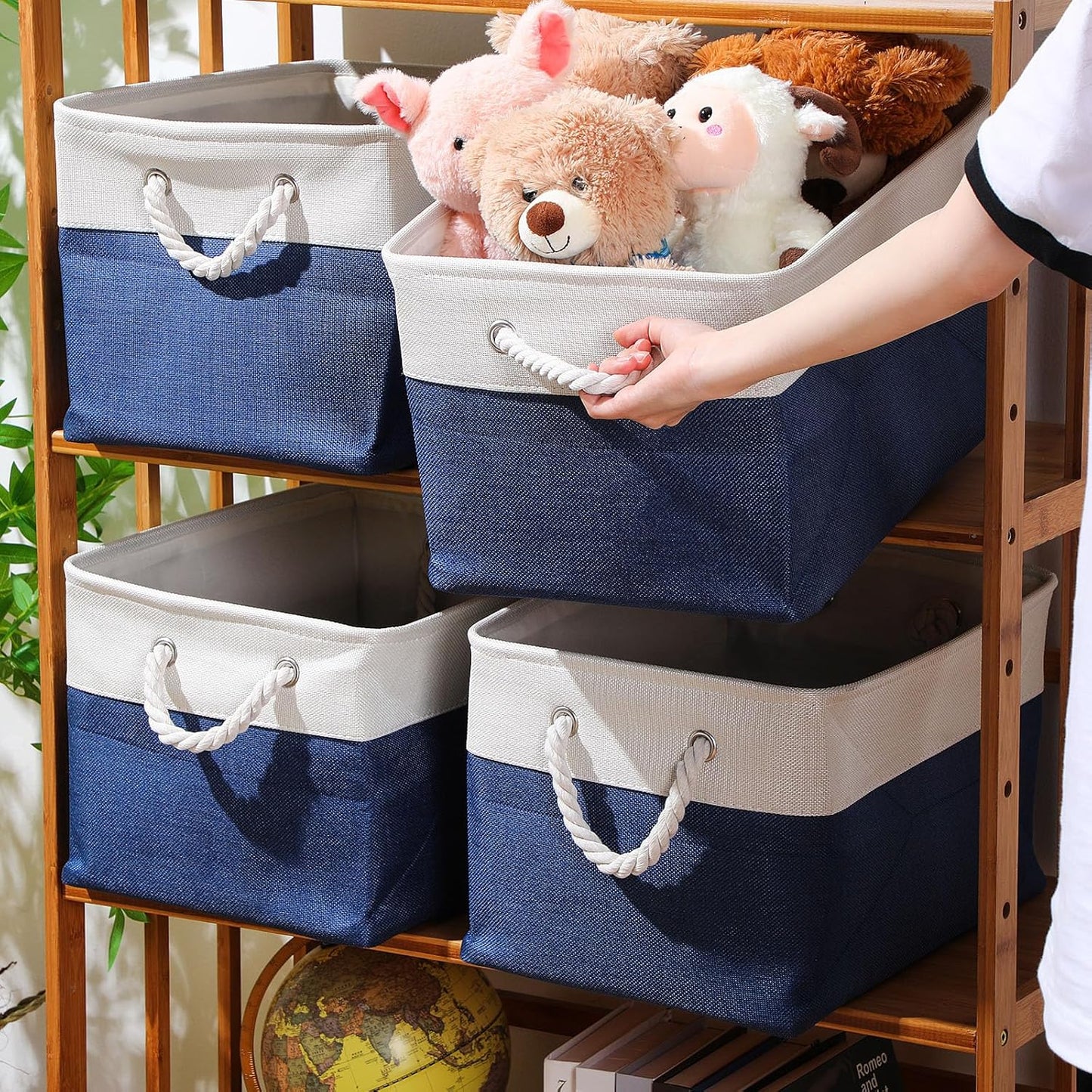 10 Pack Large Collapsible Fabric Storage Baskets with Handles Decorative Storage Bins for Organizing Shelves Toys Clothes(White & Dark Blue,16 x 12 x 10 Inches)