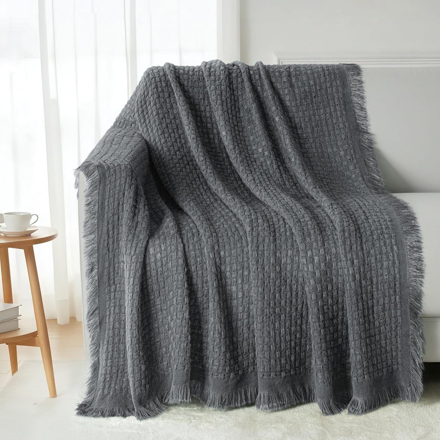 Exclusivo Mezcla Knit Throw Blanket with Fringes for Couch, Reversible Super Soft and Warm Woven Boho Throw for All Season, Home Decor, 50"x60", Dark Grey