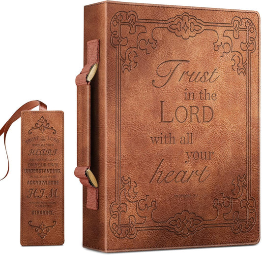 FINPAC Large Classic Bible Cover Vegan Leather Carrying Book Case Church Bag Bible Protective with Handle, Gift for Men, Women, Father, Mother, Friends, Bronze