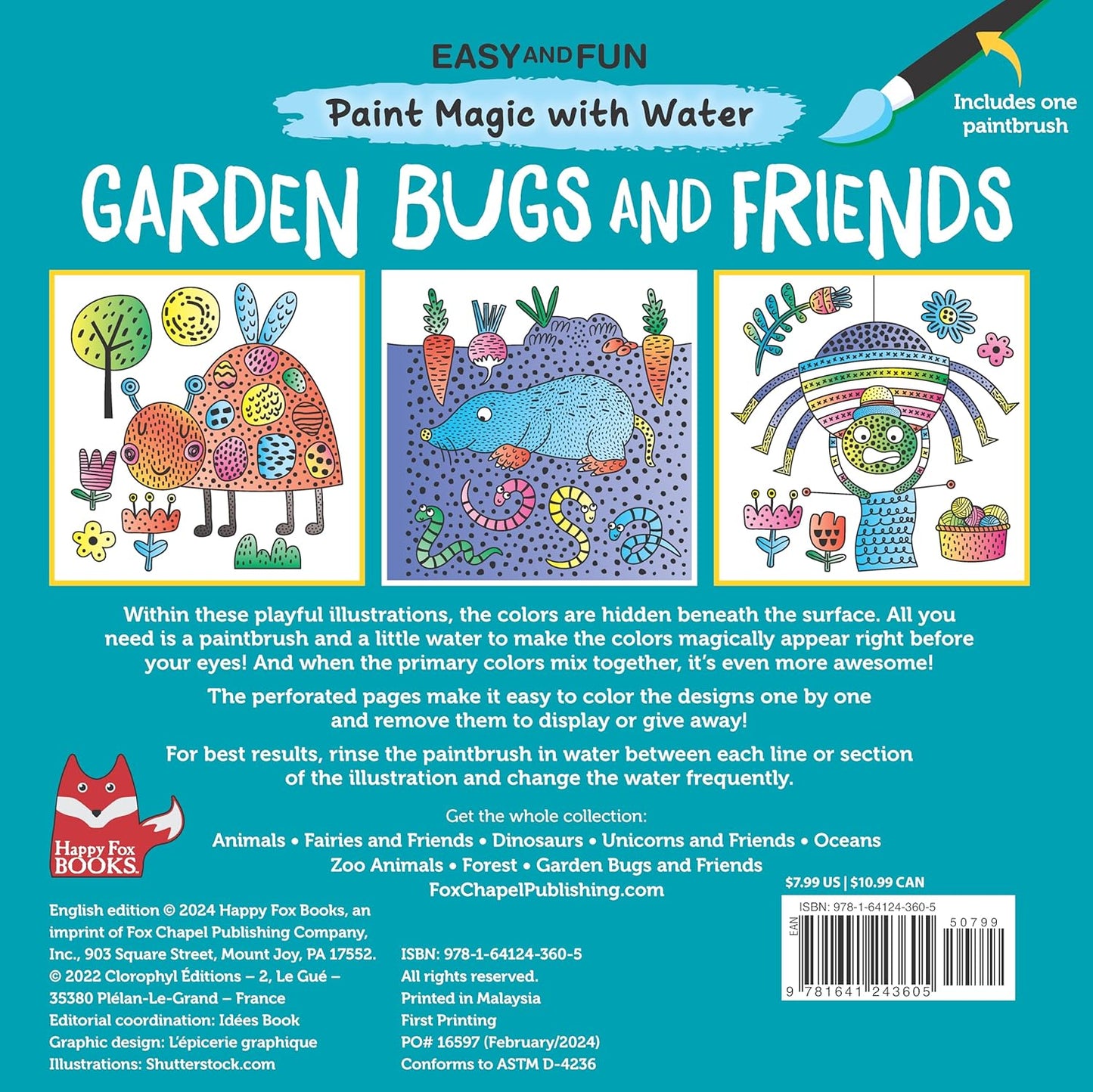 Easy and Fun Paint Magic with Water: Garden Bugs and Friends (Happy Fox Books) Paintbrush Included - Mess-Free Painting for Kids Ages 4-7 to Create Pictures of Ladybugs, Butterflies, Snails, and More