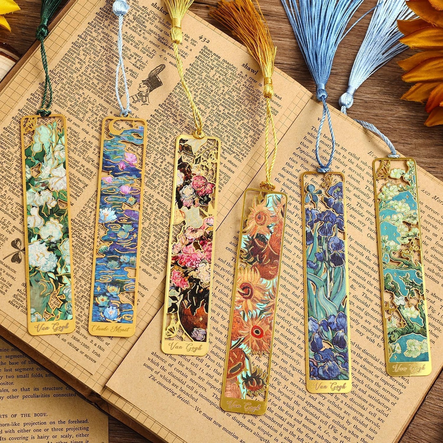 6 Pieces Metal Bookmarks with Tassel, Golden Hollow Bookmark Van Gogh and Claude Monet Oil Painting Theme Book Mark Bookmarks for Book Lovers Writers Readers Children Teens Men Women (6Pcs)